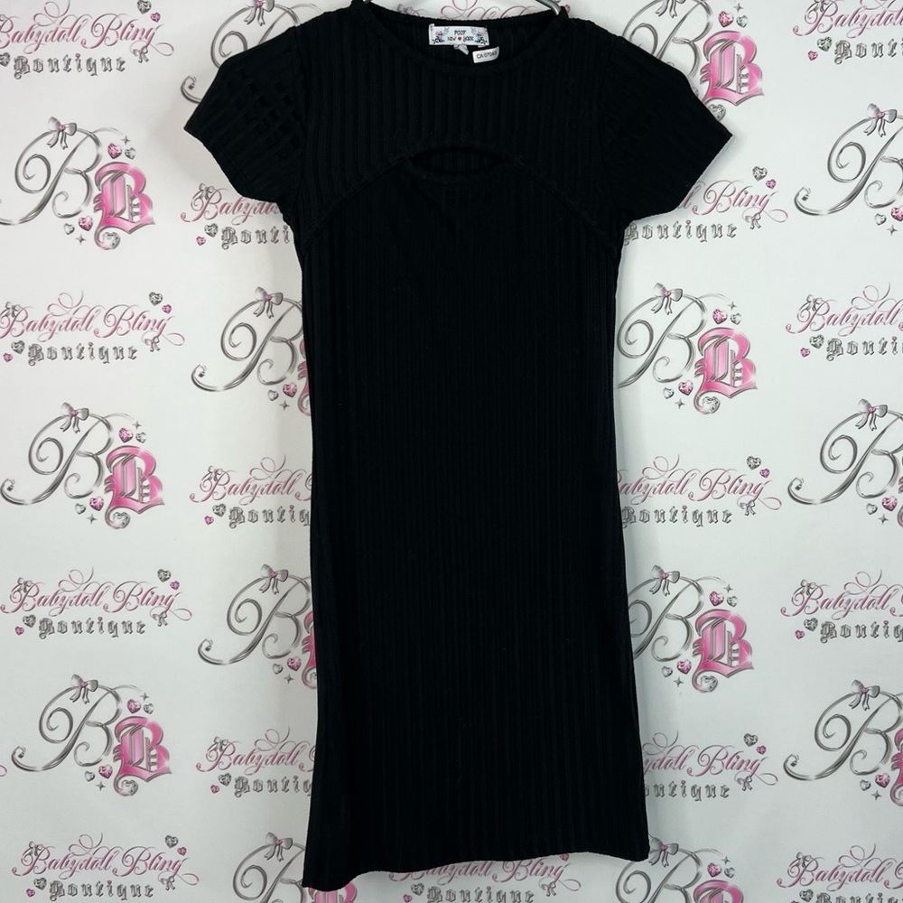 Poof! Dress mini cut out chest Black Ribbed Mini Dress bondage tight dress